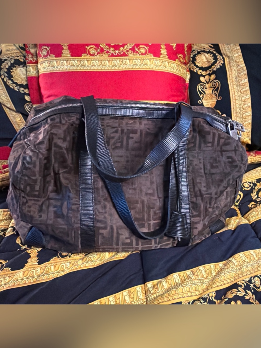 Fendi Zucca Brown Monogram Duffle Bag w Lock/keys Vintage